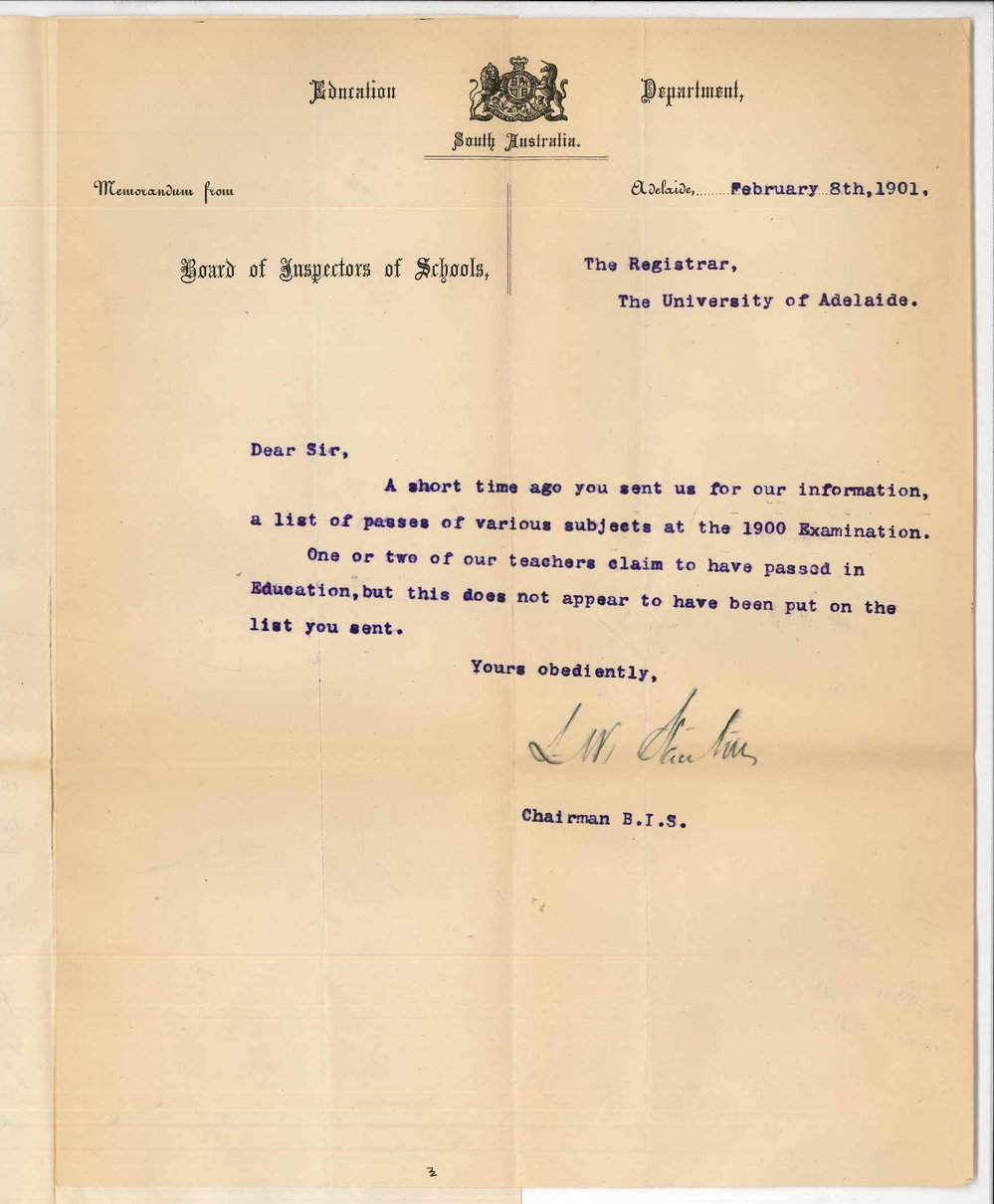 L W Stanton - Education Department - Concerning passes of State School Teachers in Education