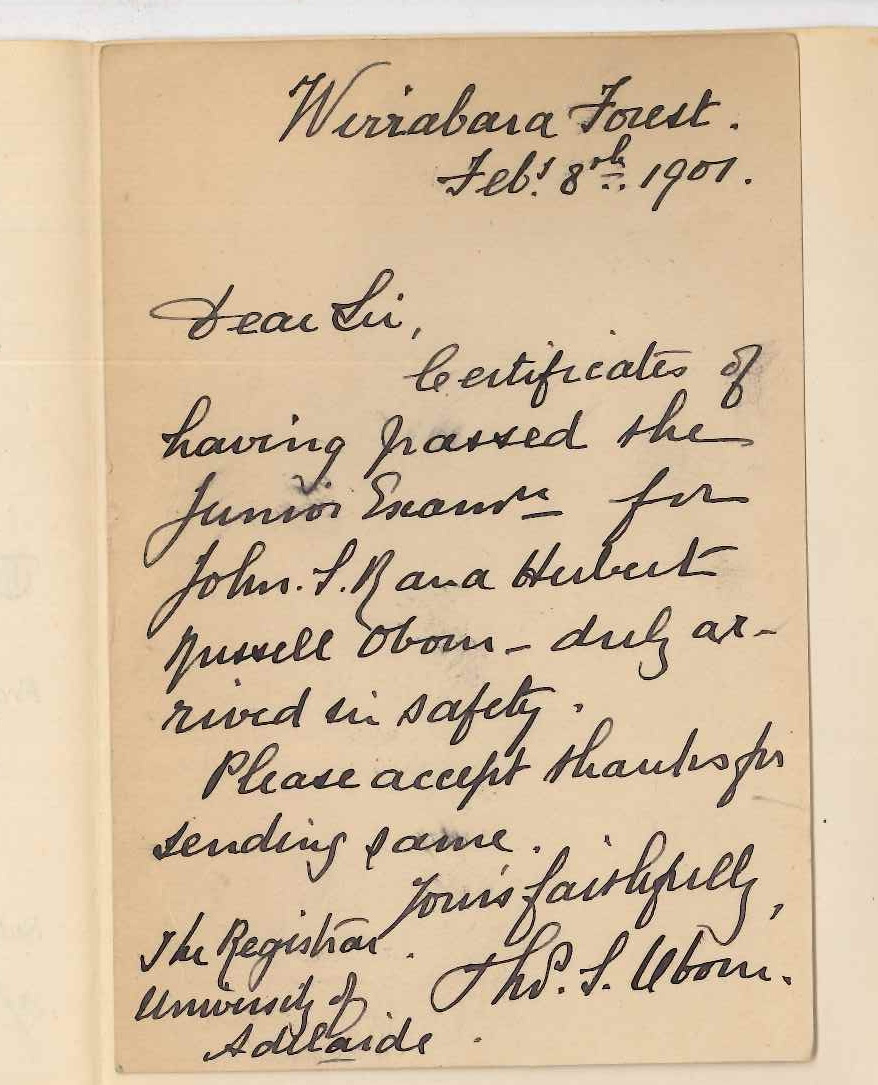 Thomas Symons Oborn - Wirrabara Forest - Acknowledging receipt of Certificates