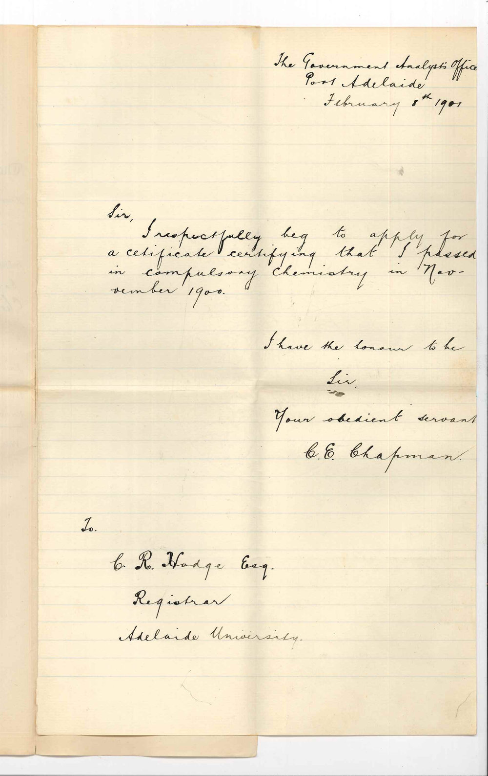 C E Chapman - Port Adelaide - Requesting Certificate for passing in Compulsory Chemistry in BSc Course