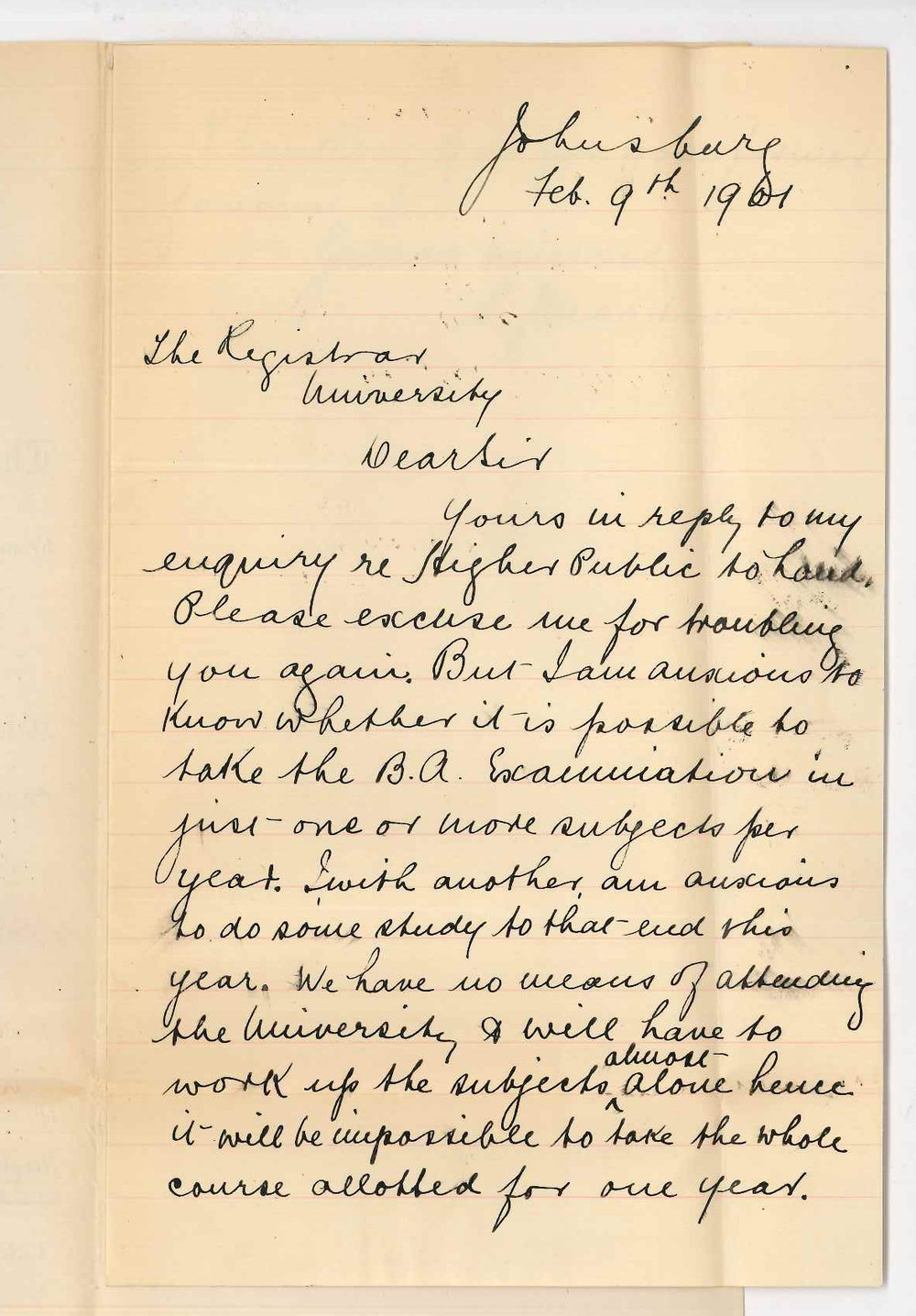 S J Martin - Johnsburg - Requesting information concerning BA Course