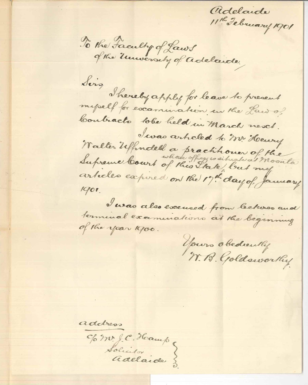William Beazley Goldsworthy - Adelaide - Requesting permission to sit for Contracts in March