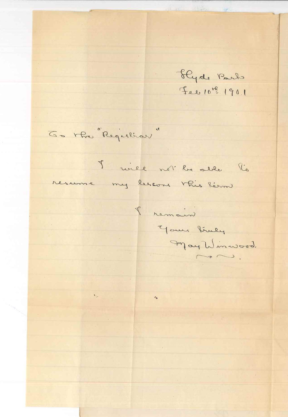 Miss May Winwood - Hyde Park - Discontinuing lessons at Conservatorium