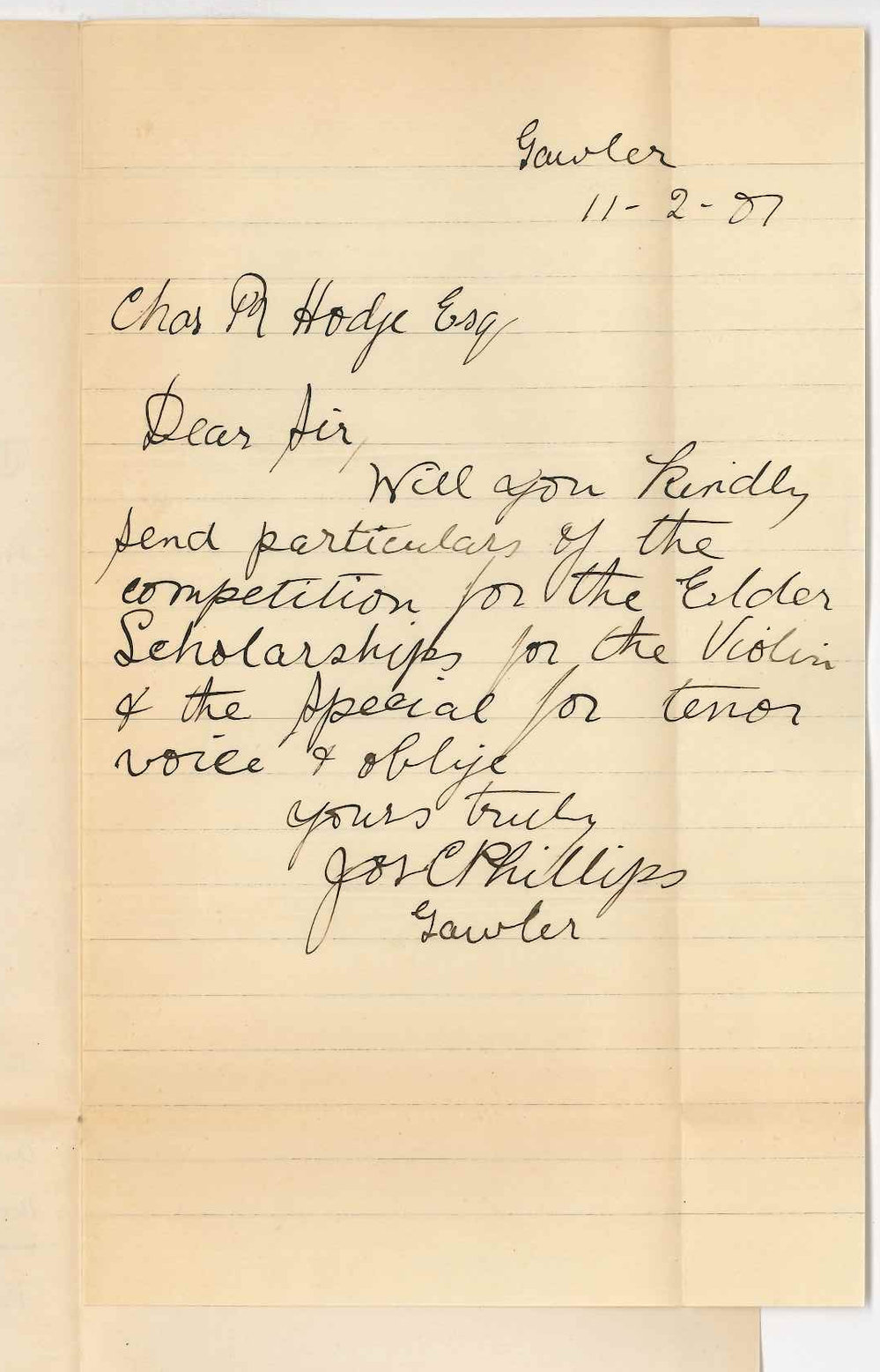 Joseph C Phillips - Gawler - Requesting information re Elder Scholarships