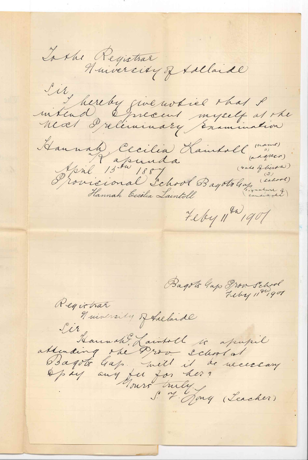 Miss S F Long - Bagots Gap - Entry of Miss H C Laintoll for Preliminary Examination