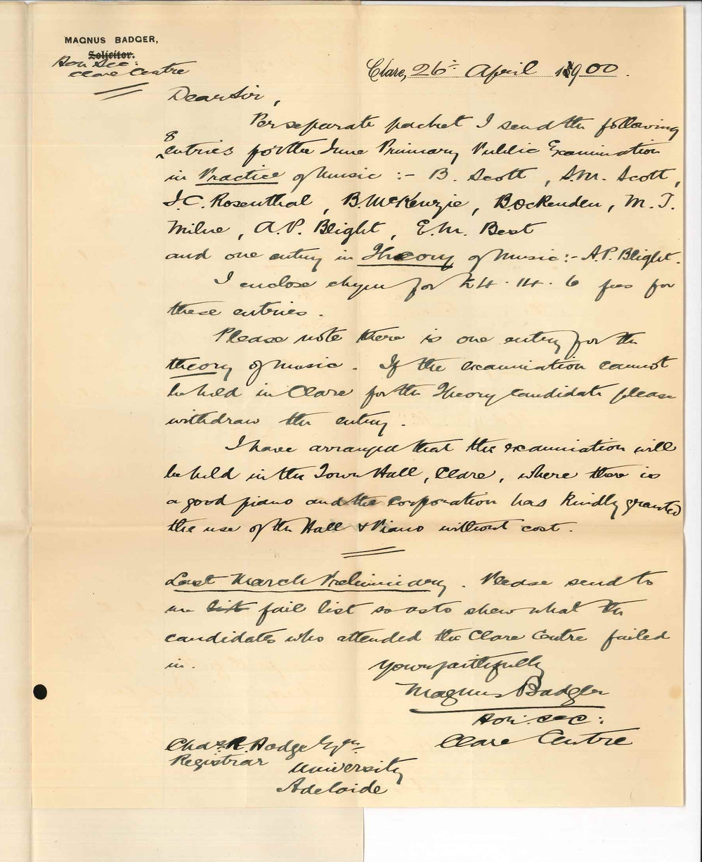 Magnus Badger - Clare Centre - Entries in Preliminary Public Examinations in Practice of music and Theory of music