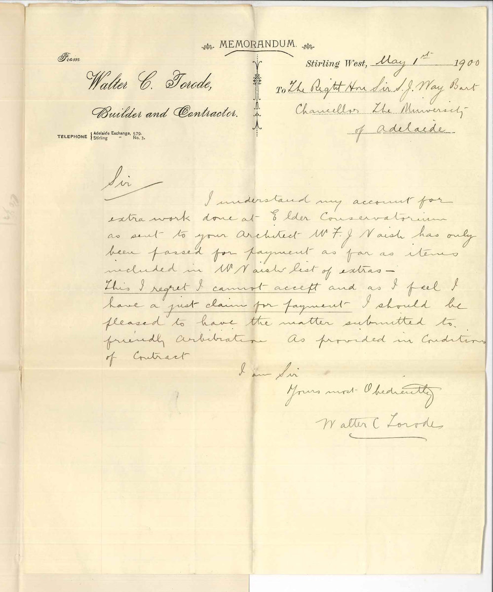 Walter Charles Torode - Builder and Contractor - Adelaide - Account for extras - Elder Conservatorium contract