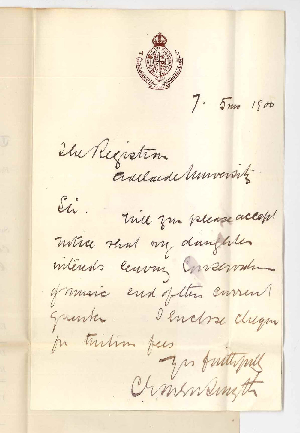 Charles Edward Owen Smyth - Superintendent of Public Buildings - Adelaide - Daughter will not continue lessons at the Conservatorium