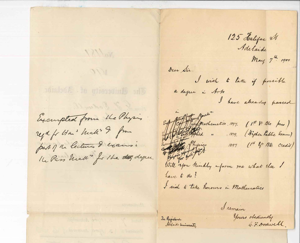 George Frederick Dodwell - Adelaide - Credit exemption for subjects passed under old Regulations