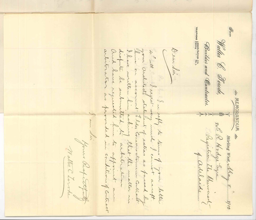 Walter Charles Torode - Builder and Contractor - Adelaide - Concerning statement of account of extras and return of deposit