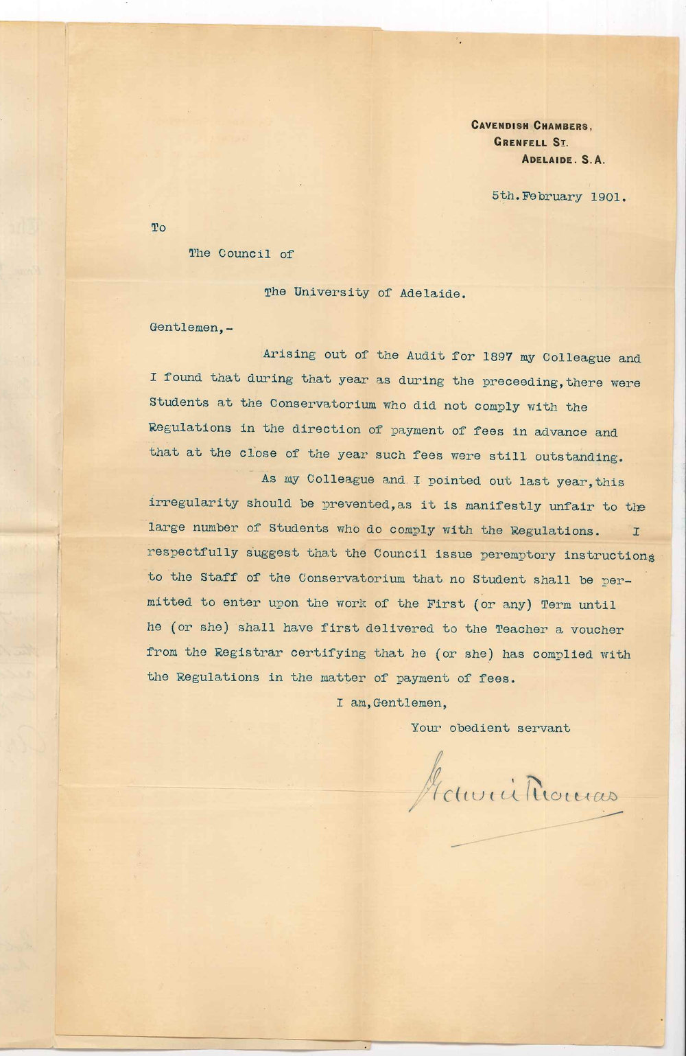 J Edwin Thomas - Adelaide - Concerning Conservatorium fees overdue