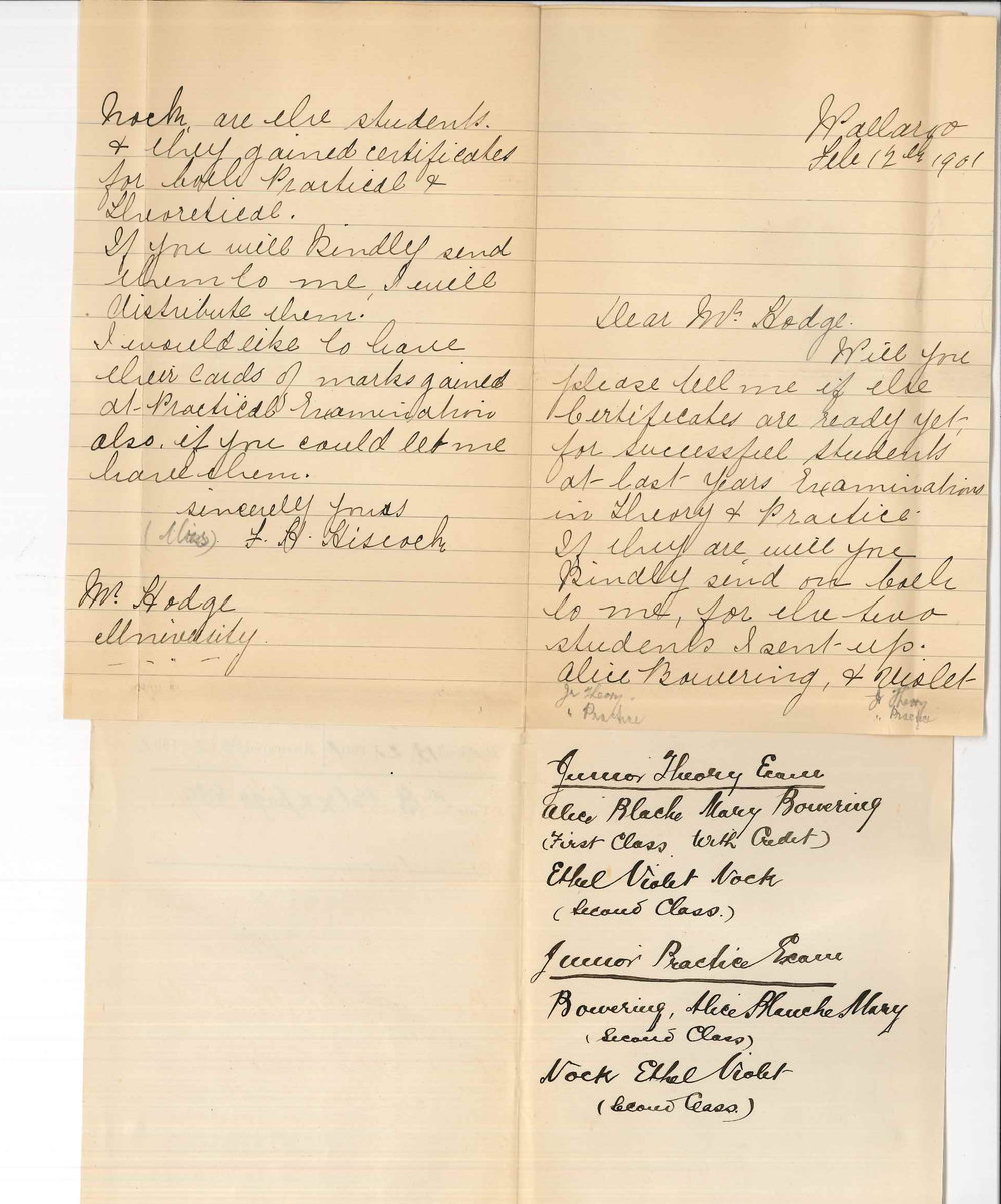 F H Hiscock - Wallaroo - Requesting Music Certificates and candidates cards of marks