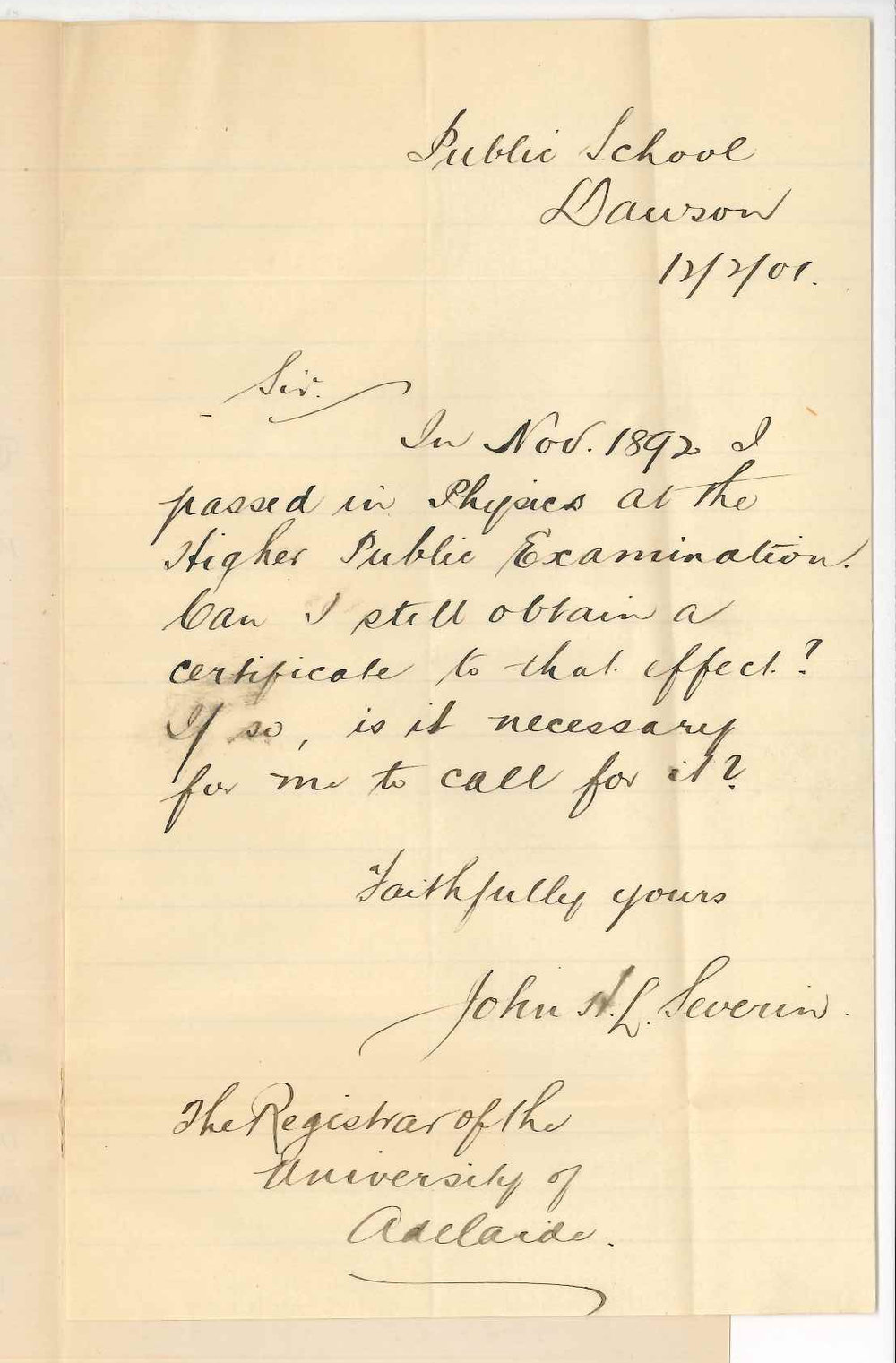 John H L Severin - Public School Dawson - Requesting Higher Public Certificate