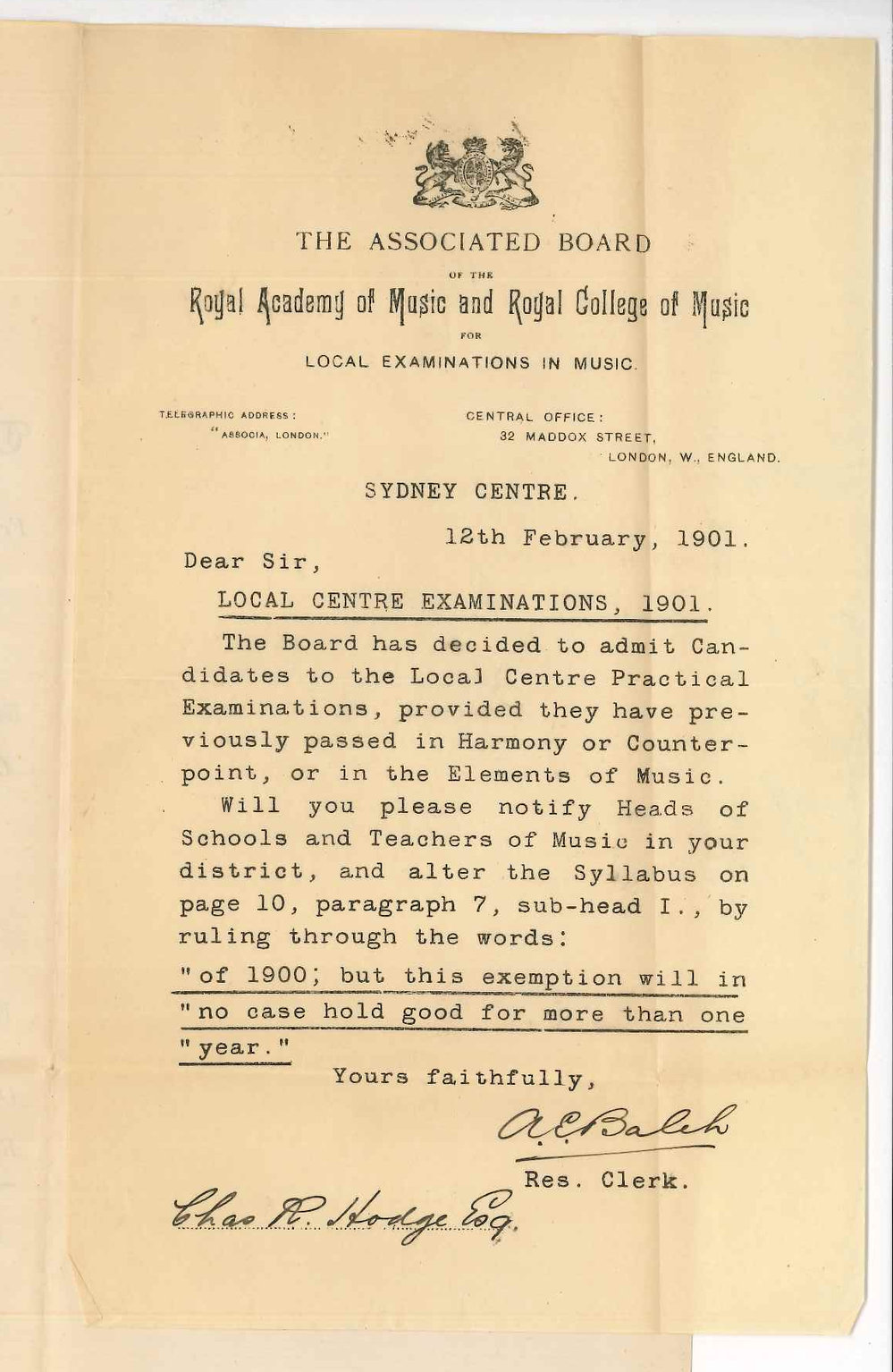 A E Balch - Clerk Associated Board London - Concerning Local Centre Examinations 1901