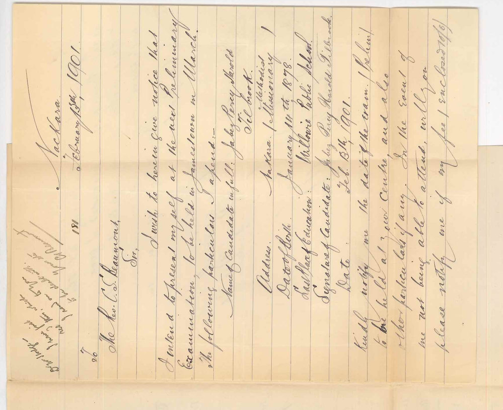 Percy Tilbrook - Nackara - Concerning entry for Preliminary Examination