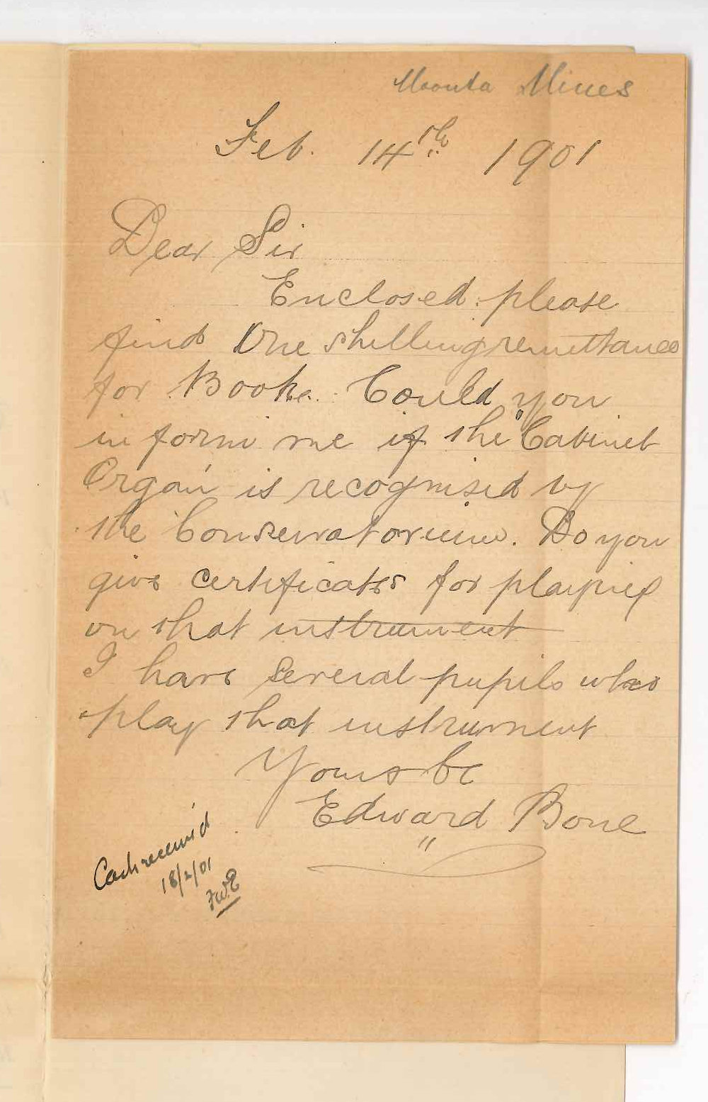 Edward Bone - Moonta Mines - Asking whether Cabinet Organ is recognised in Music Examinations