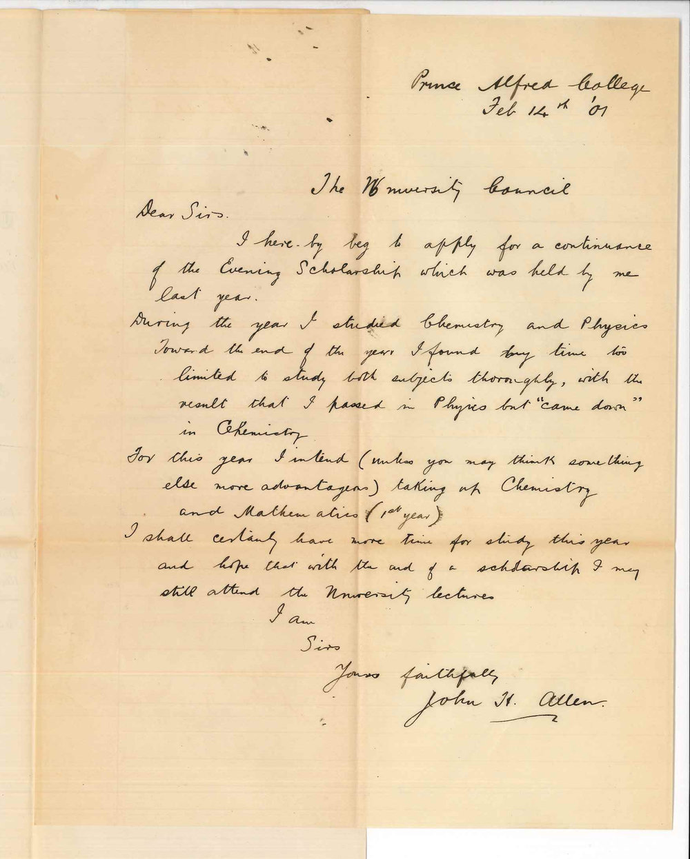 John H Allen - Prince Alfred College - Concerning Evening Scholarship