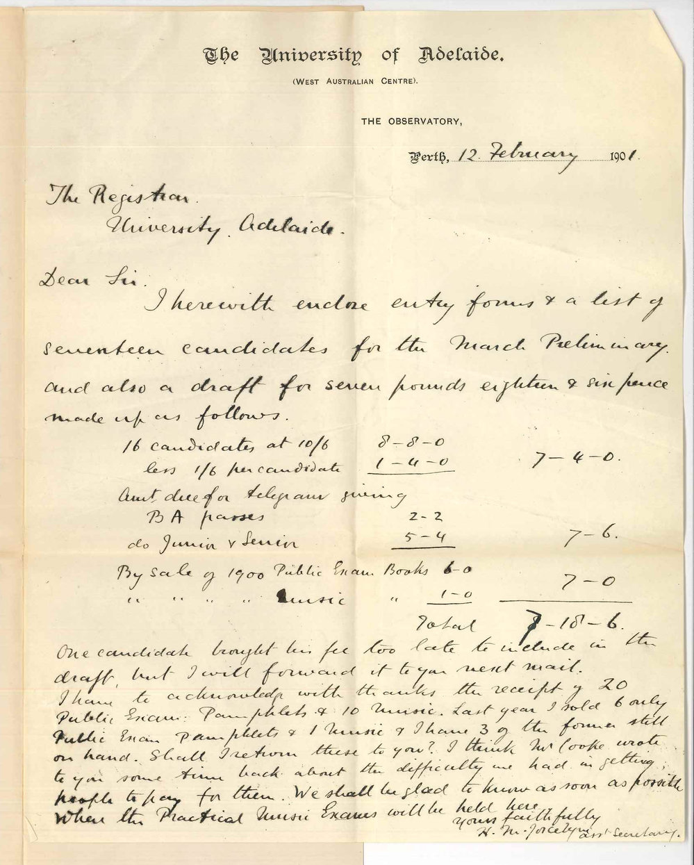 Henry Maurice Joscelyne - Perth - Concerning Preliminary Examination Pamphlets for 1900 and 1901 date of Music Examinations