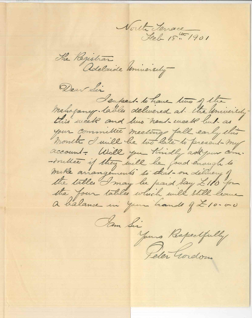 Peter Gordon - Adelaide - Requesting payment of &pound;110 on delivery of tables for Library