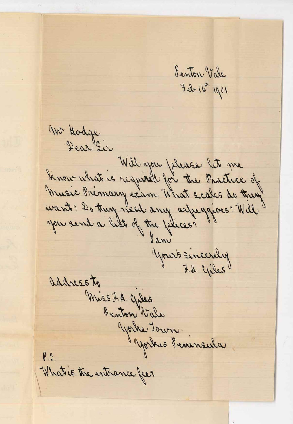 Miss F H Giles - Yorke Town - Information concerning Primary Practice of Music Examination