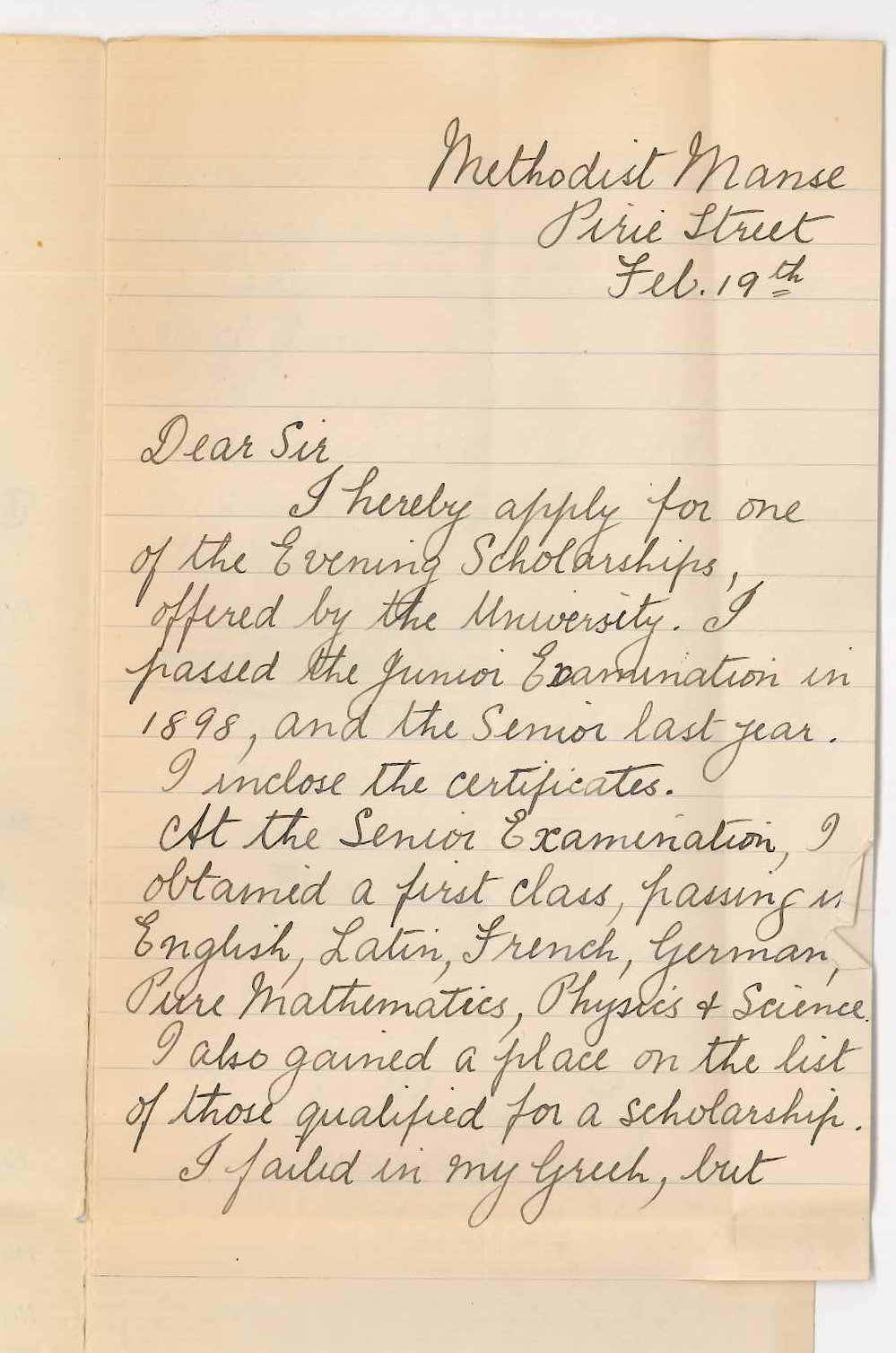 Eleanor E Cowperthwaite - Adelaide - Application for Evening Scholarship