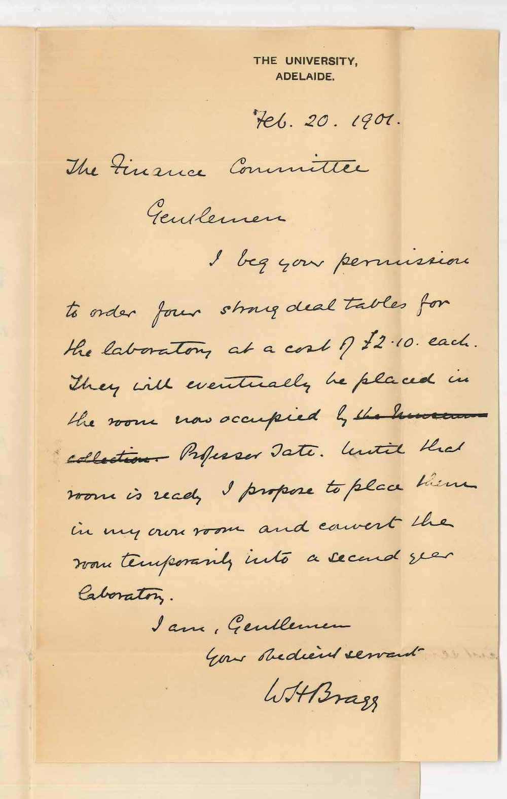 Professor William Henry Bragg - The University - Requesting permission to order tables for Physical Laboratory