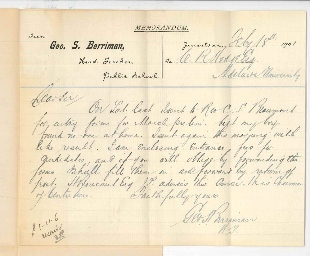George S Berriman - Jamestown - Entries for Preliminary Examination