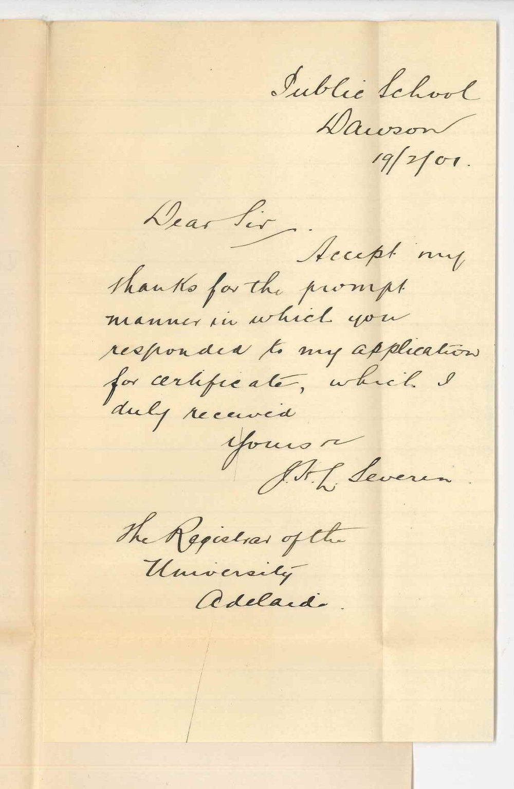 John H L Severin - Public School Dawson - Acknowledging receipt of Certificate
