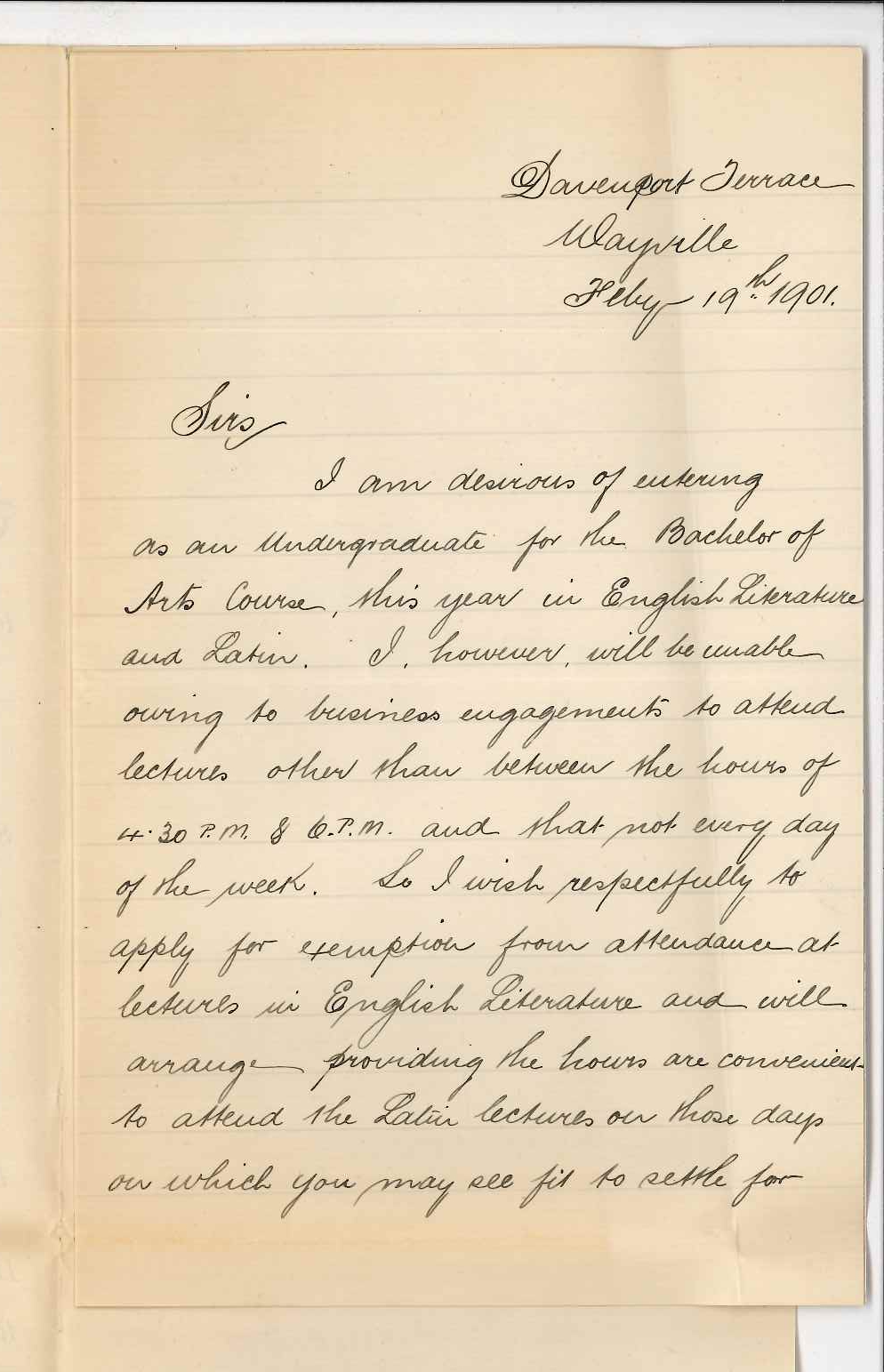 E J R Holder - Wayville - Exemption from attendance at Lectures