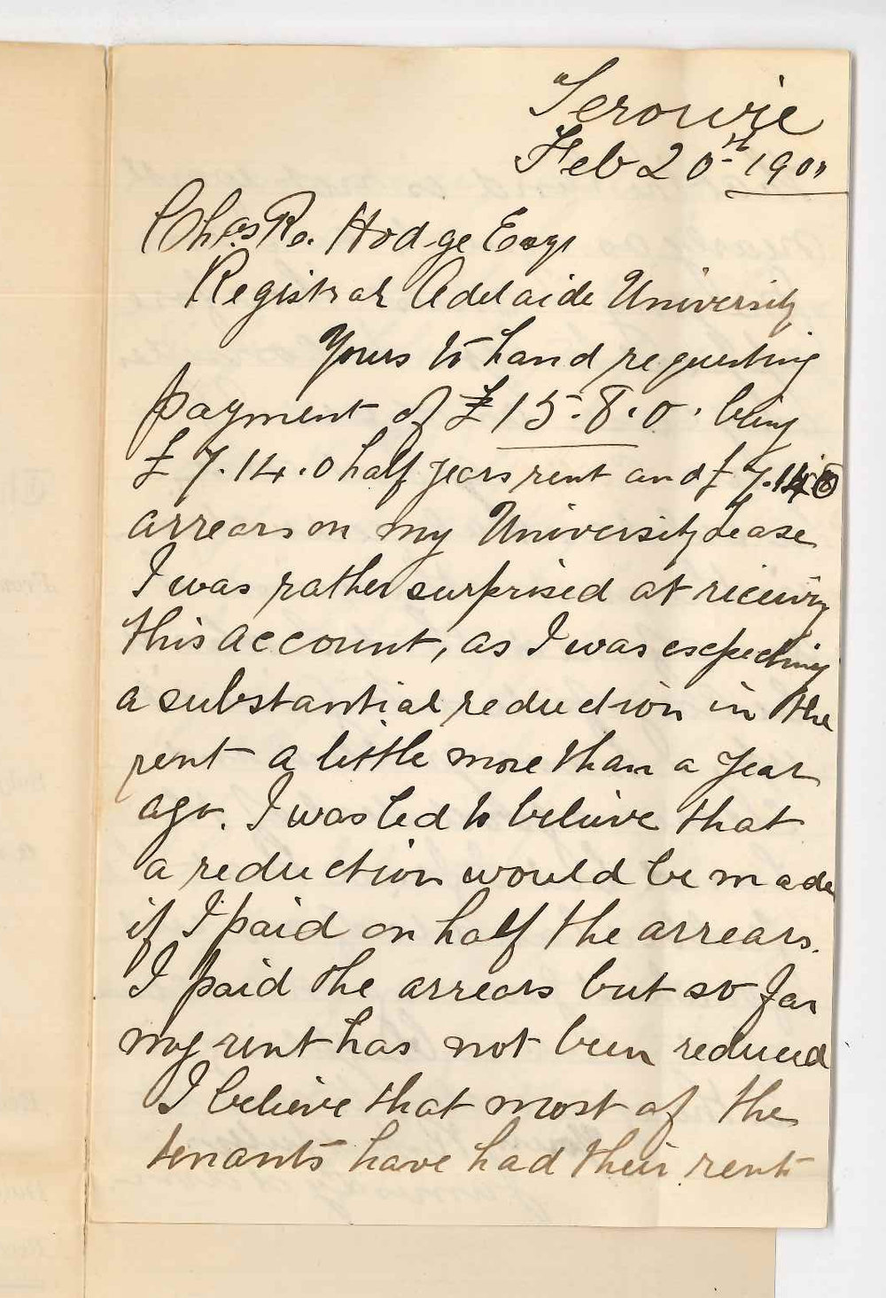 James Lyddon - Terowie - Concerning rent of land at Terowie