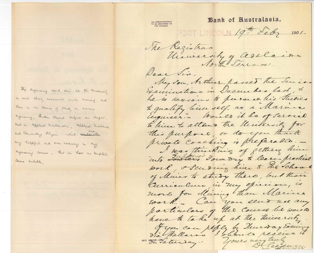 D Seddon - Port Lincoln - Asking whether son Arthur can qualify as a Marine Engineer at the University