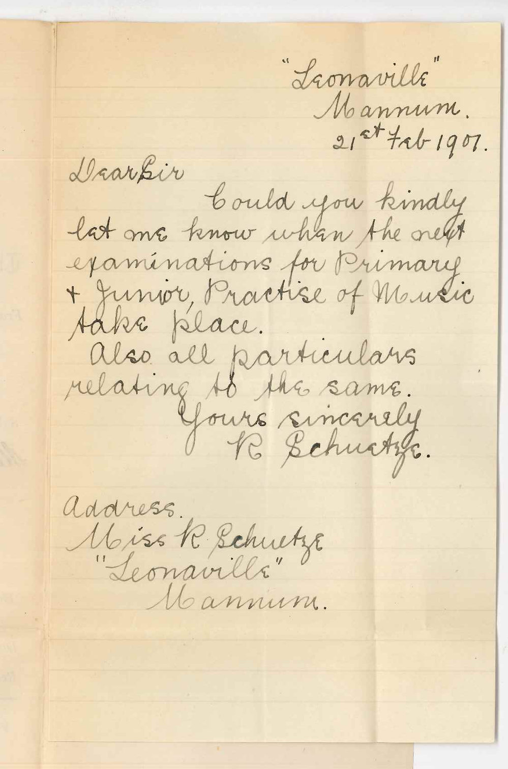 Miss Renie Schuetze - Mannum - Information concerning Music Examinations