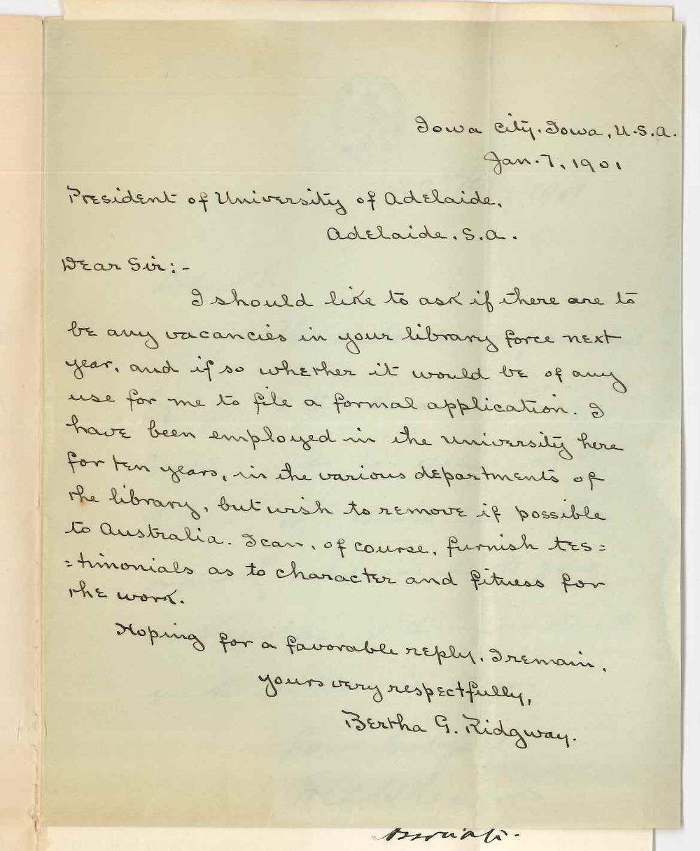 Miss Bertha G Ridgeway - Iowa USA - Concerning position on staff of Library