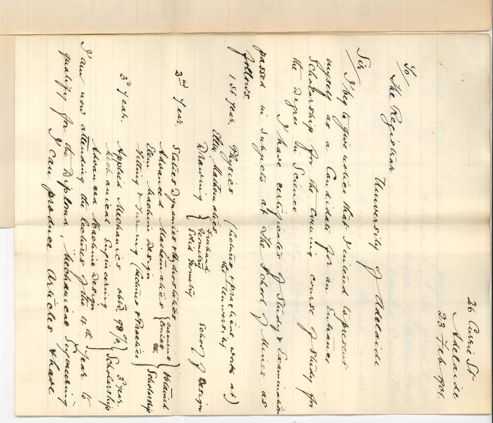 Laybourne Smith - Adelaide - Application for an Evening Scholarship