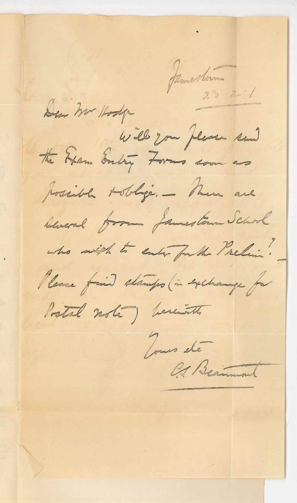 Reverend C S Beaumont - Jamestown - Forwarding stamps in exchange for postal note and requesting entry forms for Preliminary Examination