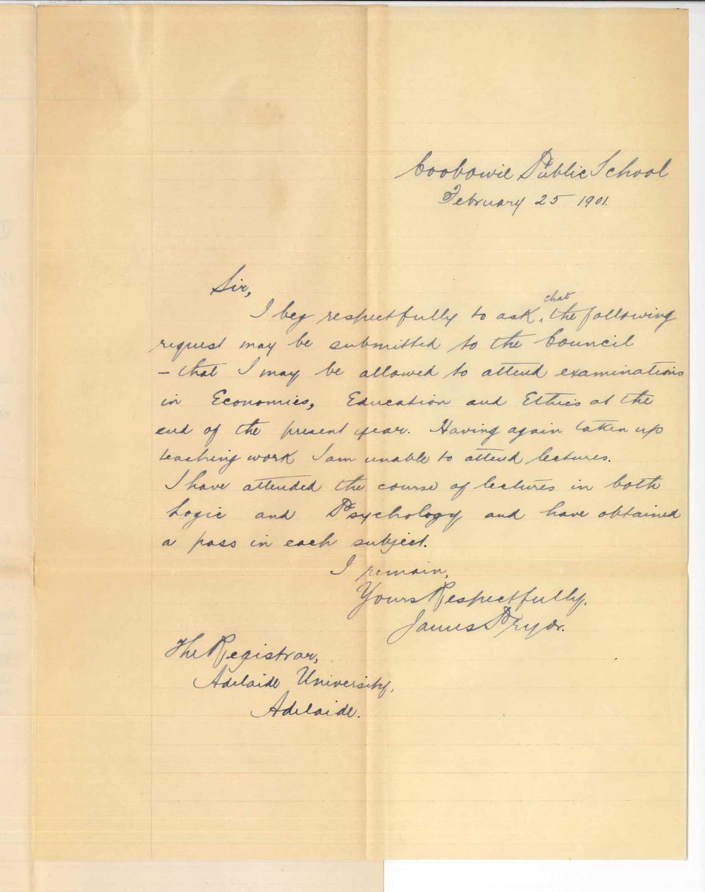 James Pryor - Coobowie - Exemption from attendance at Lectures