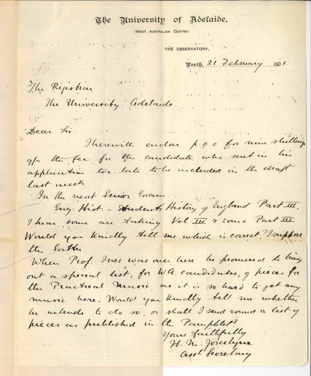 Henry Maurice Joscelyne - Perth - Concerning Public Exams and list of Music for WA Examinations