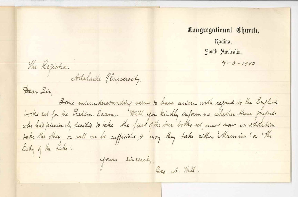 Reverend George A Hill - Congregational Church - Kadina - Test book for Preliminary English exam