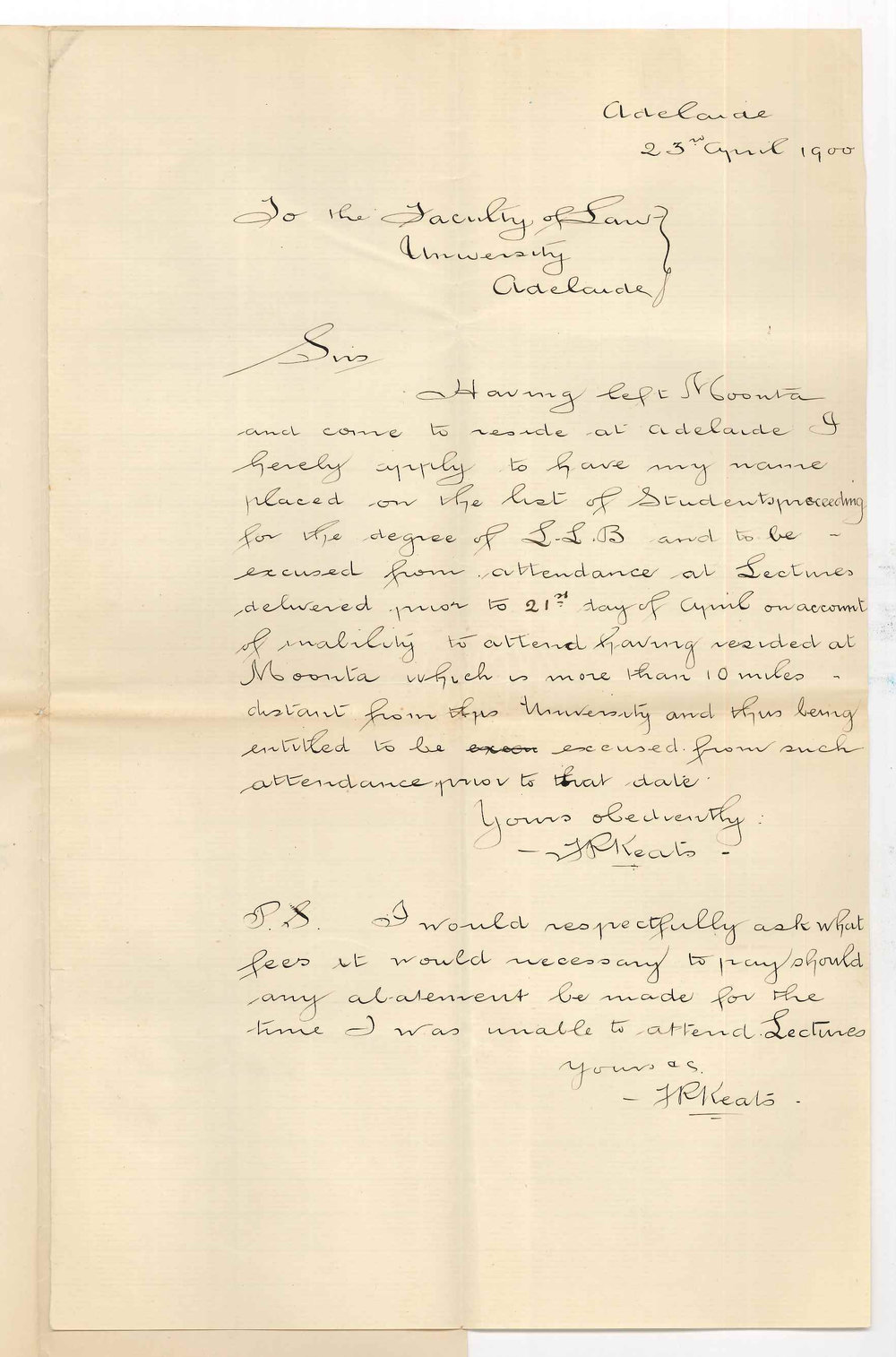 Miss J R Keats - Adelaide - Exemption from attendance at lectures