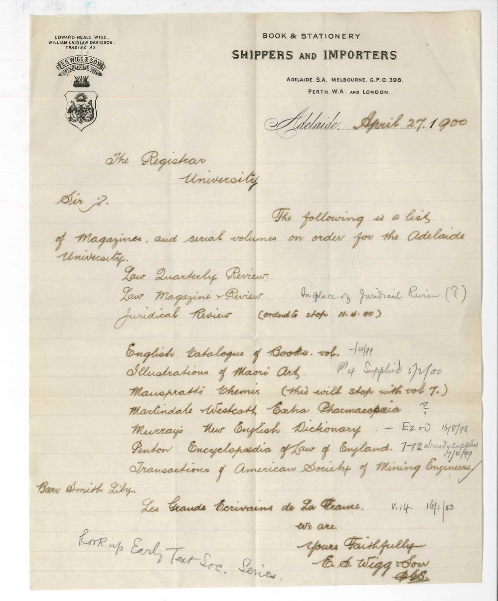 E S Wigg and Son - Adelaide - List of Magazines and serial volumes on order