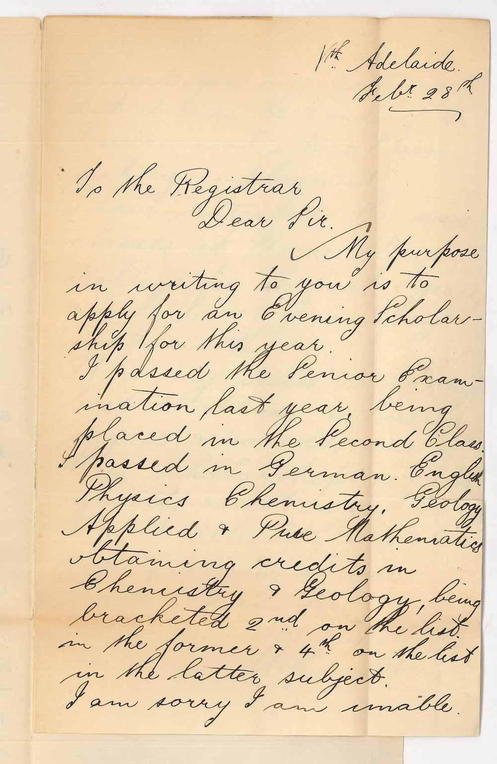 Arthur B Lloyd - North Adelaide - Application for an Evening Scholarship