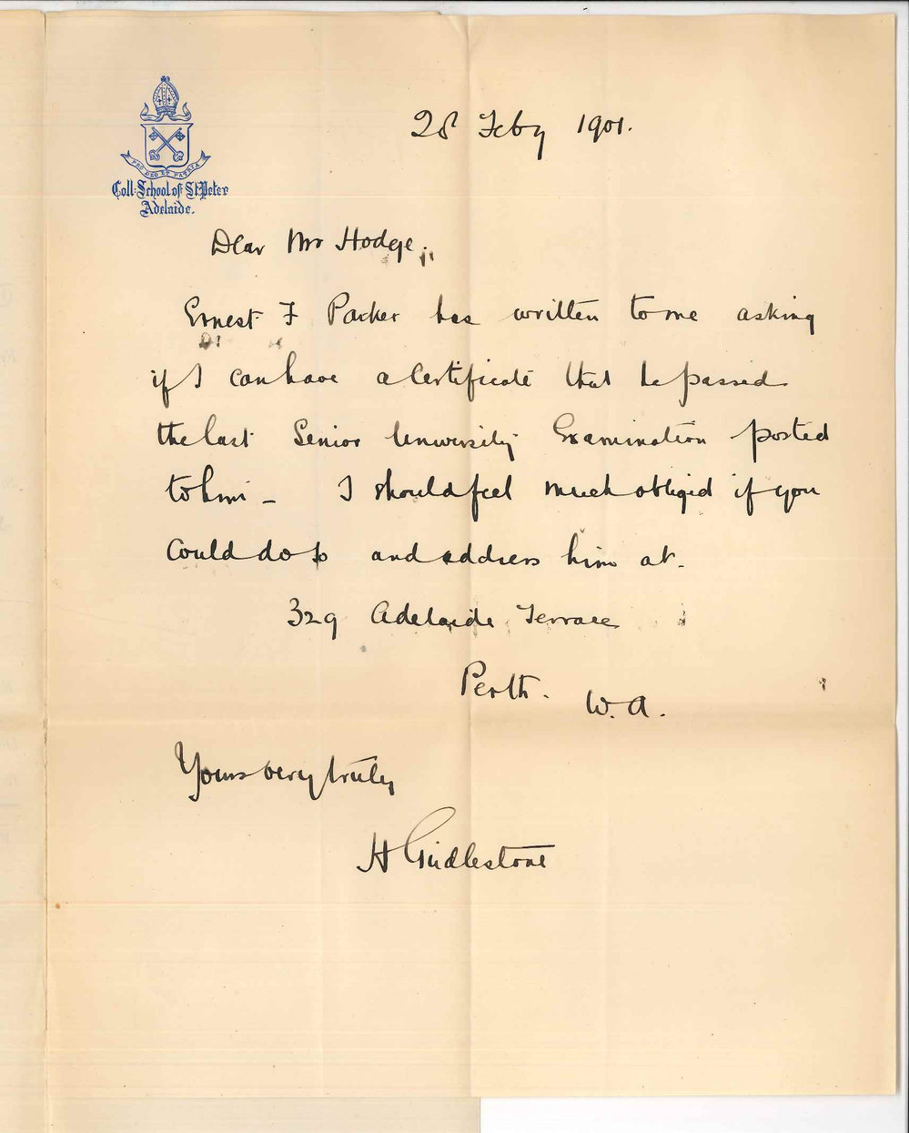 Reverend H Girdlestone - Collegiate School of St Peters - Perth WA - Requesting E F Parkers Senior Public Certificate
