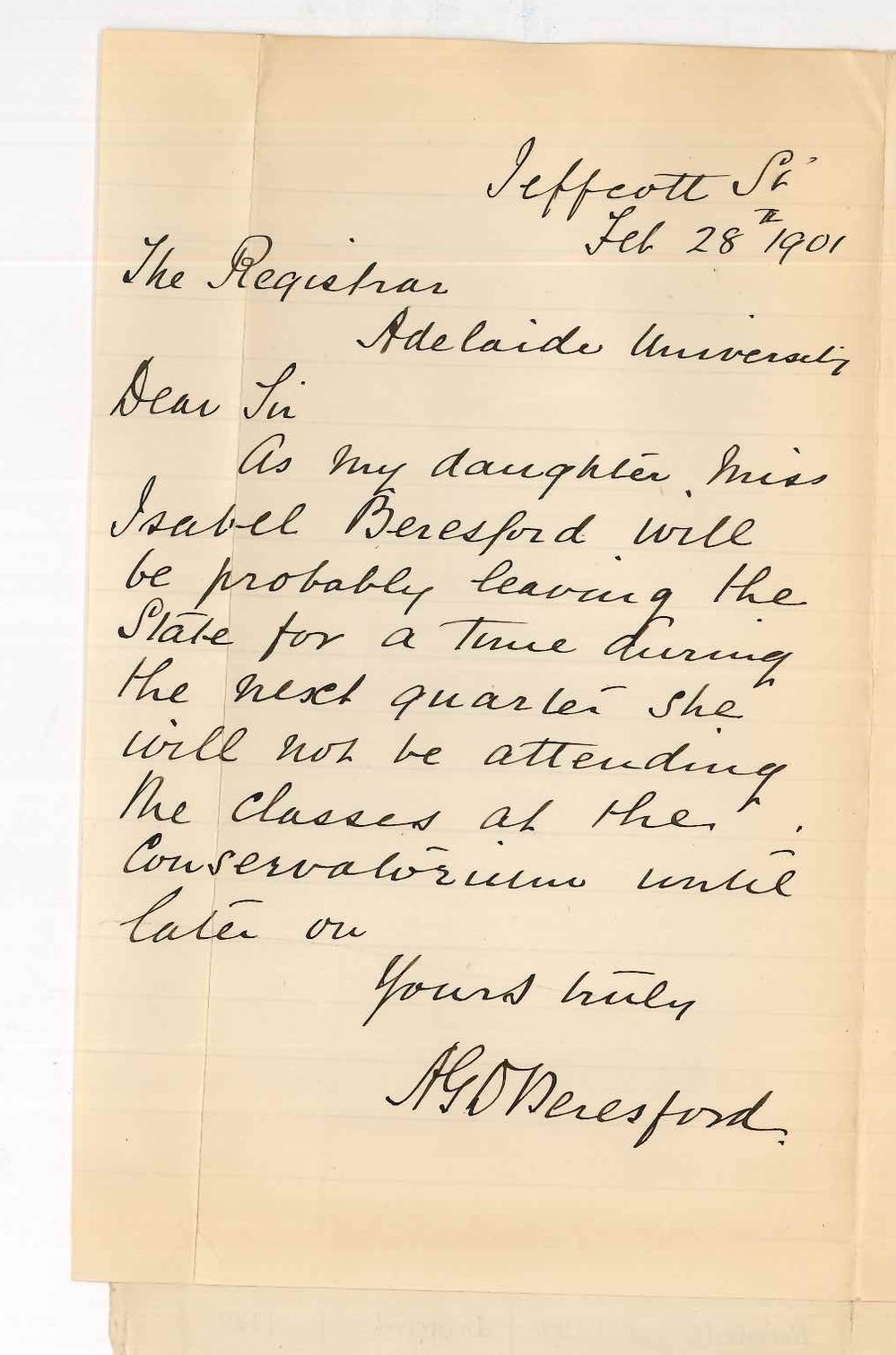 A G D Beresford - North Adelaide - Miss Isobel Beresfords lessons at the Conservatorium