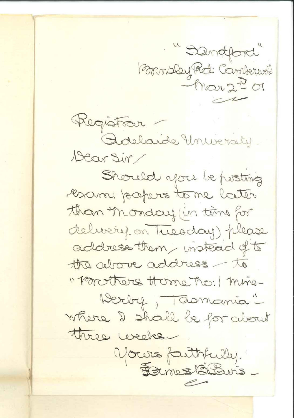 James B Lewis - Camberwell - Forwarding address in Tasmania