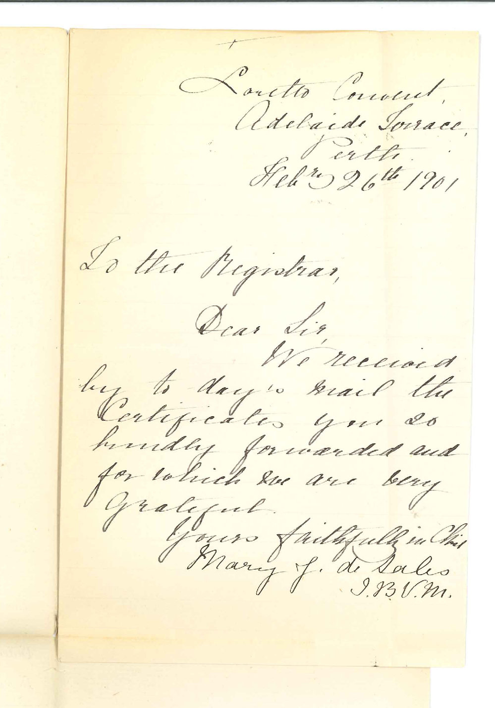 Loretto Convent - Perth - Acknowledging receipt of Certificates