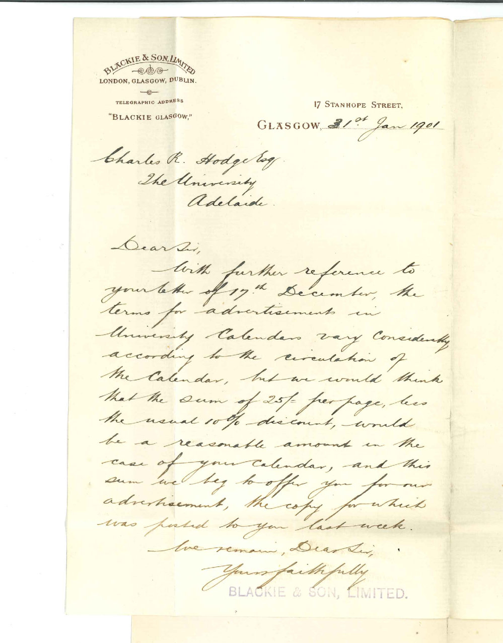 Blackie and Son Limited - Glasgow - Concerning advertisement in University Calendar