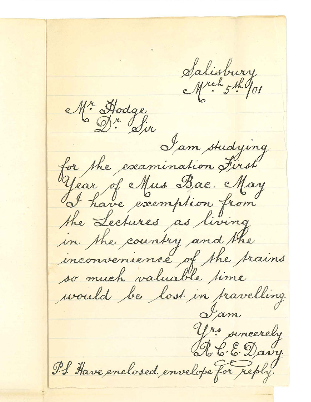 Miss R C E Davy - Salisbury - Exemption from attendance at Lectures Mus Bac Course