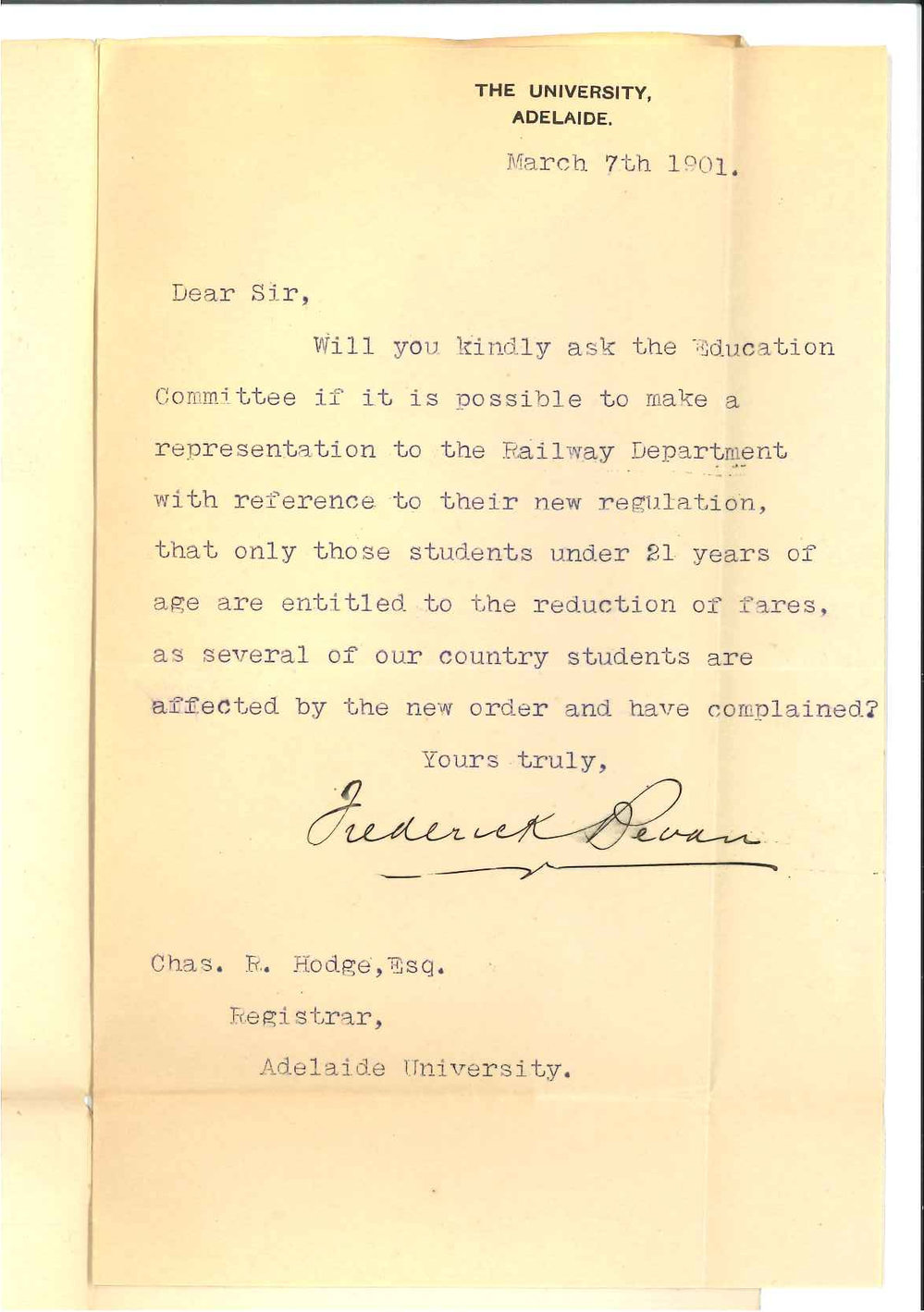 Frederick Bevan - The University - Conservatorium - Concerning reduction of railway fares to students of Conservatorium