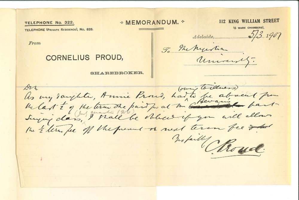 Cornelius Proud - Adelaide - Concerning Miss Annie Prouds Conservatorium fees