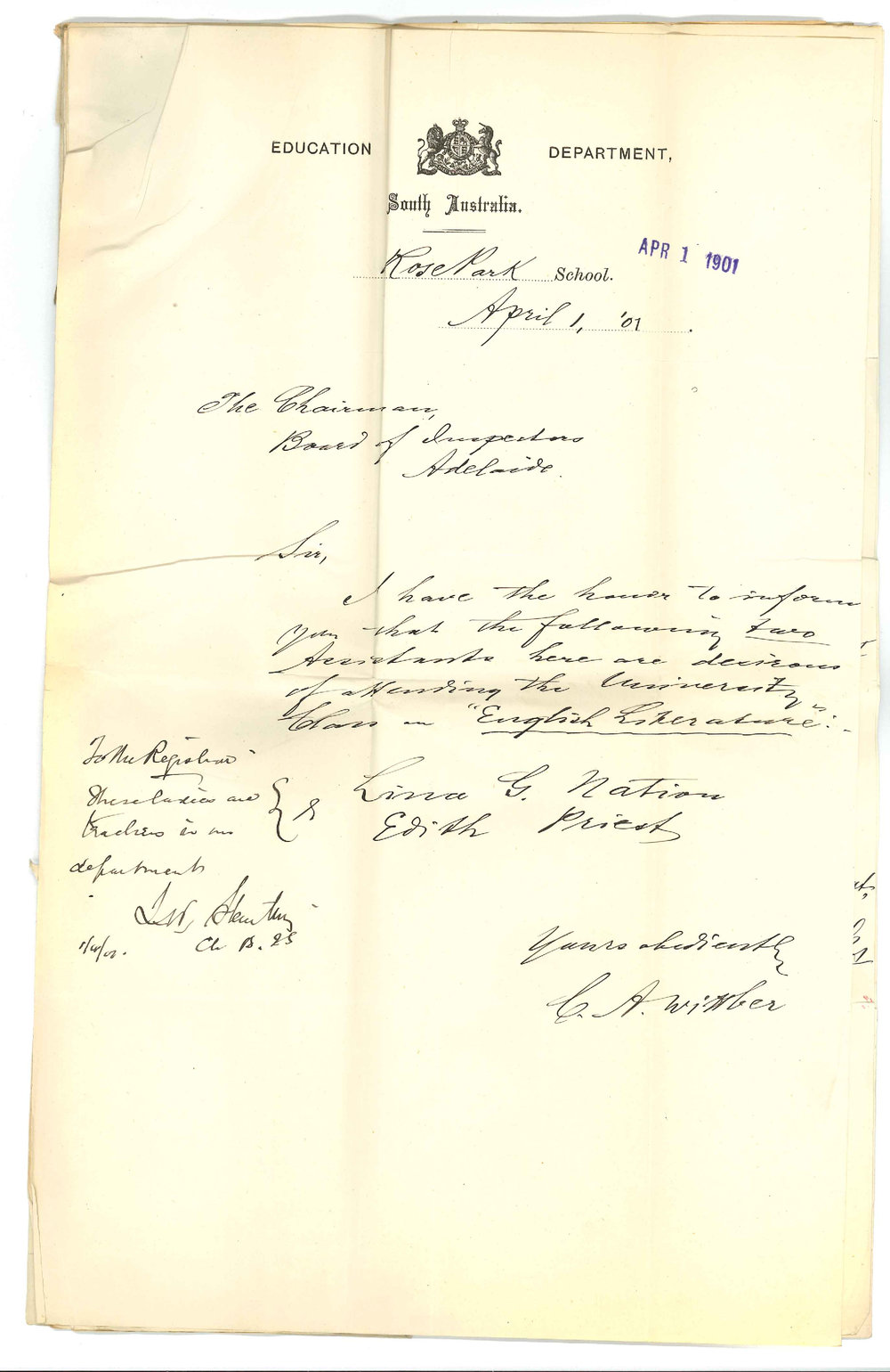 Education Department Students - Adelaide - Admission of students Barbour Edwards Menkens Prisk Nation and Priest