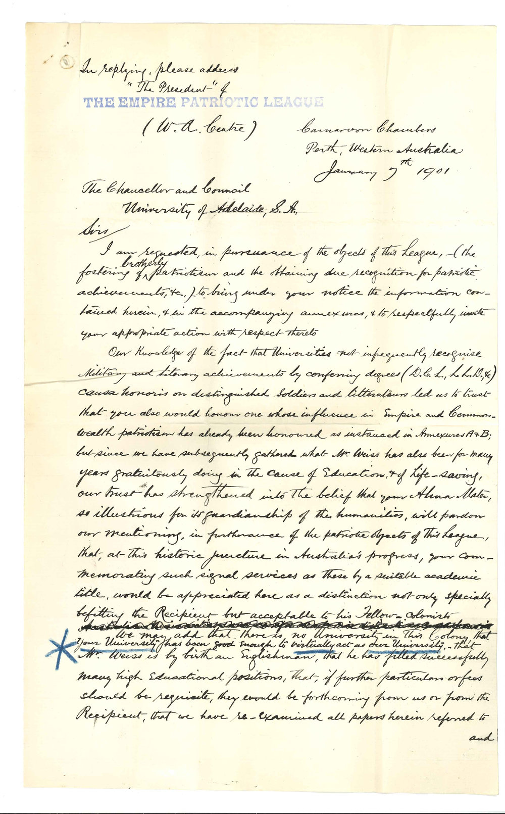Thomas W Parrett - Honorary Secretary - The Empire Patriotic League WA Centre Perth - Concerning Honorary Degree